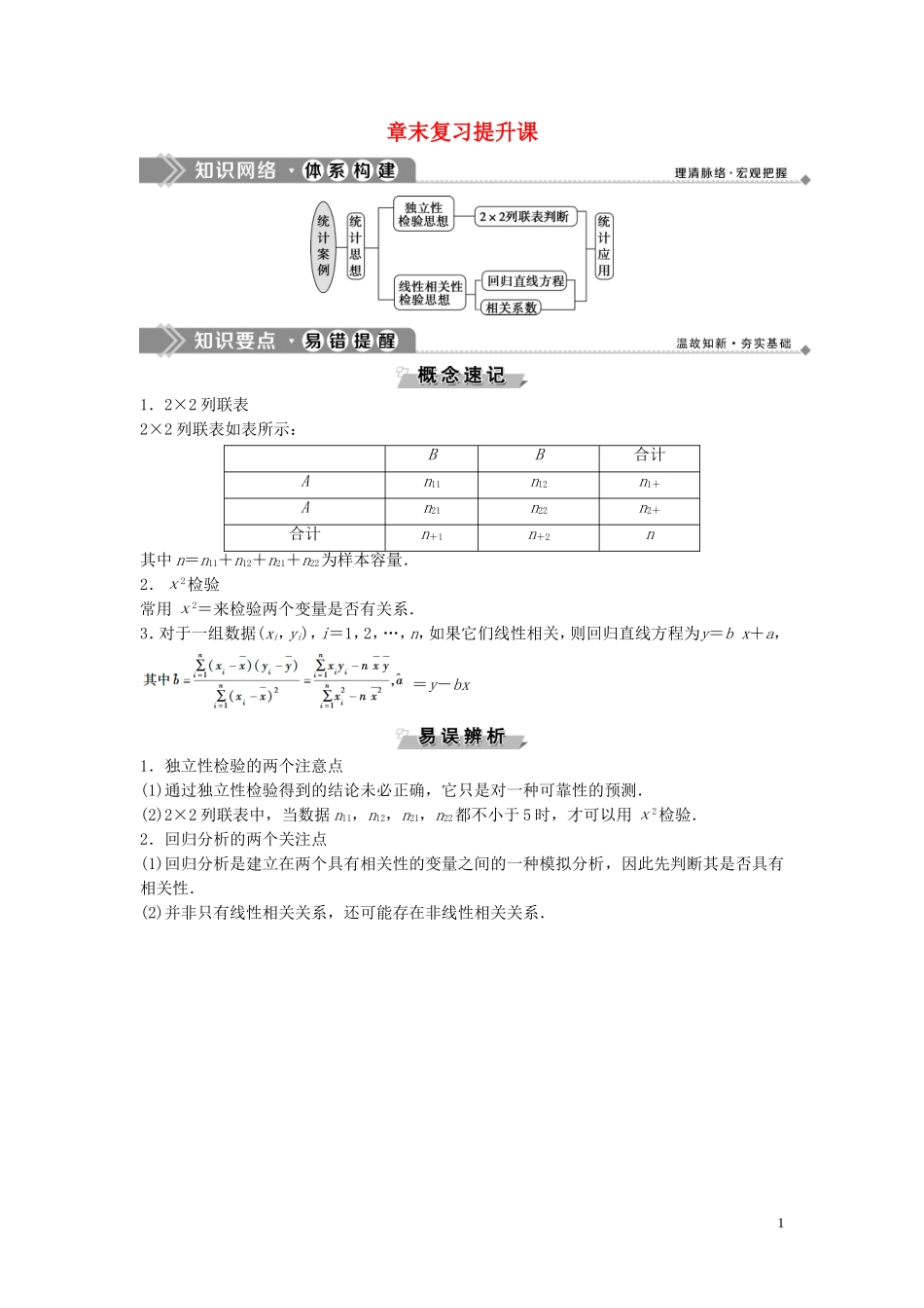 高中数学 第3章统计案例章末复习提升课学案 新人教B版选修2-3-新人教B版高二选修2-3数学学案_第1页