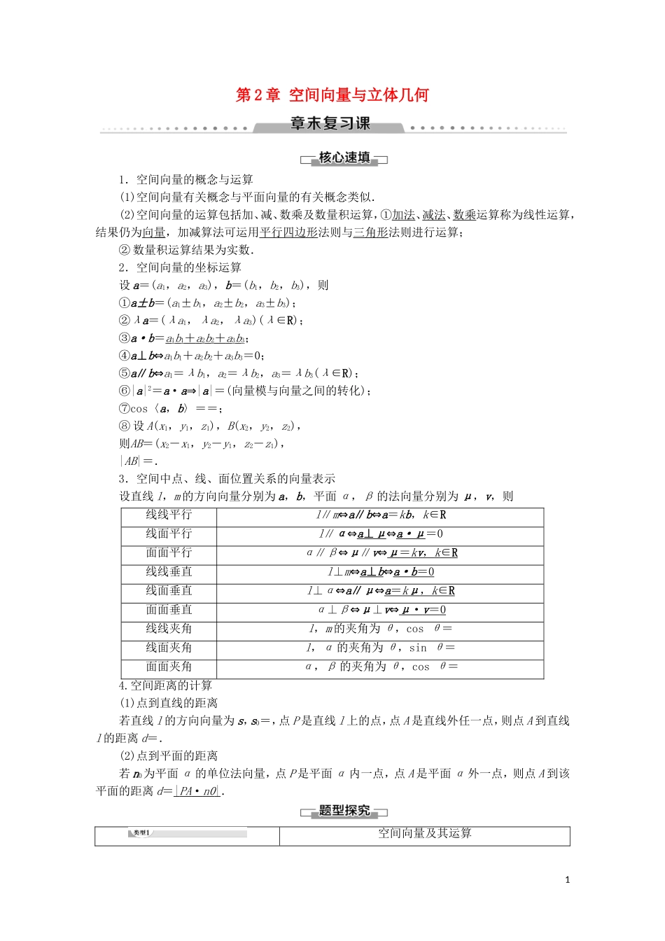 高中数学 第2章 空间向量与立体几何章末复习课学案 北师大版选修2-1-北师大版高二选修2-1数学学案_第1页