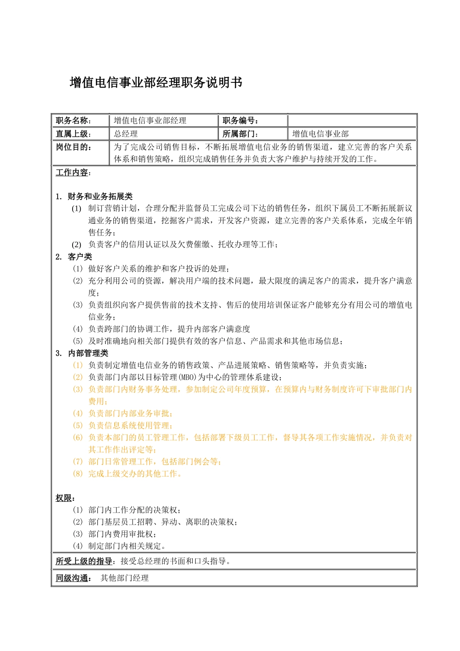 某公司增值电信事业部经理职务说明书_第2页