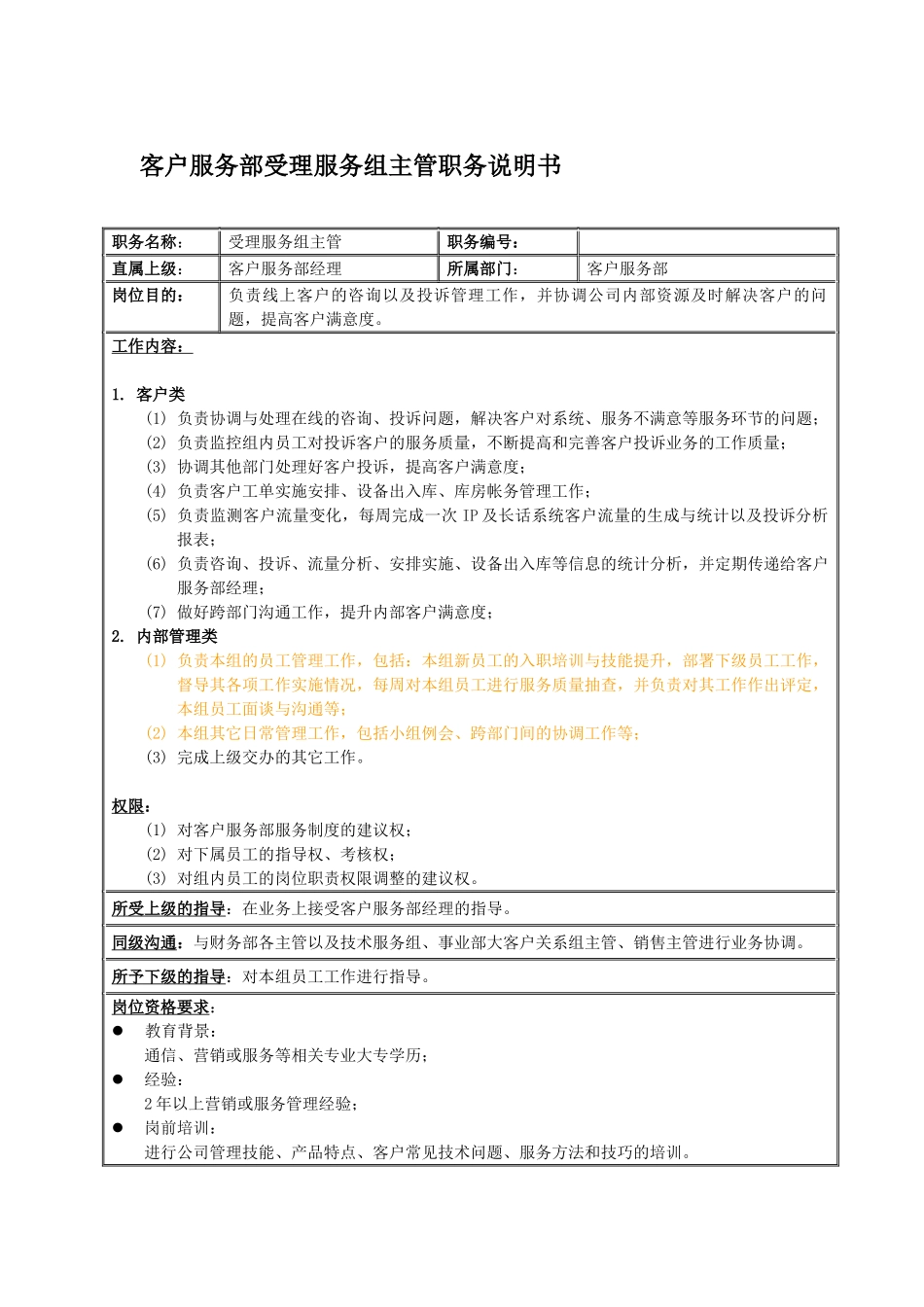 某公司客户服务部受理服务组主管职务说明书_第2页