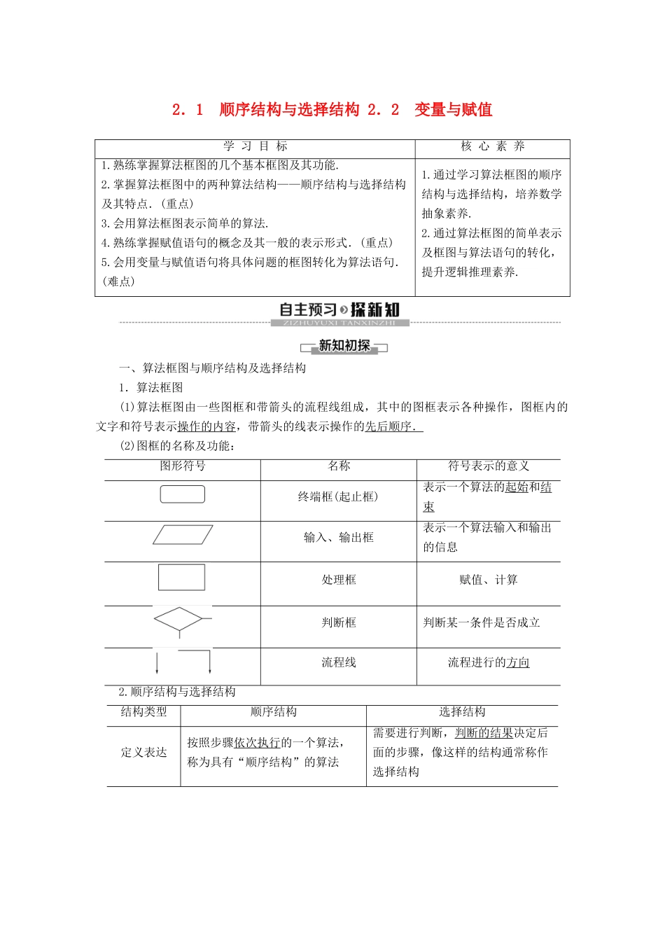 高中数学 第2章 算法初步 2 2.1 顺序结构与选择结构 2.2 变量与赋值学案 北师大版必修3-北师大版高一必修3数学学案_第1页