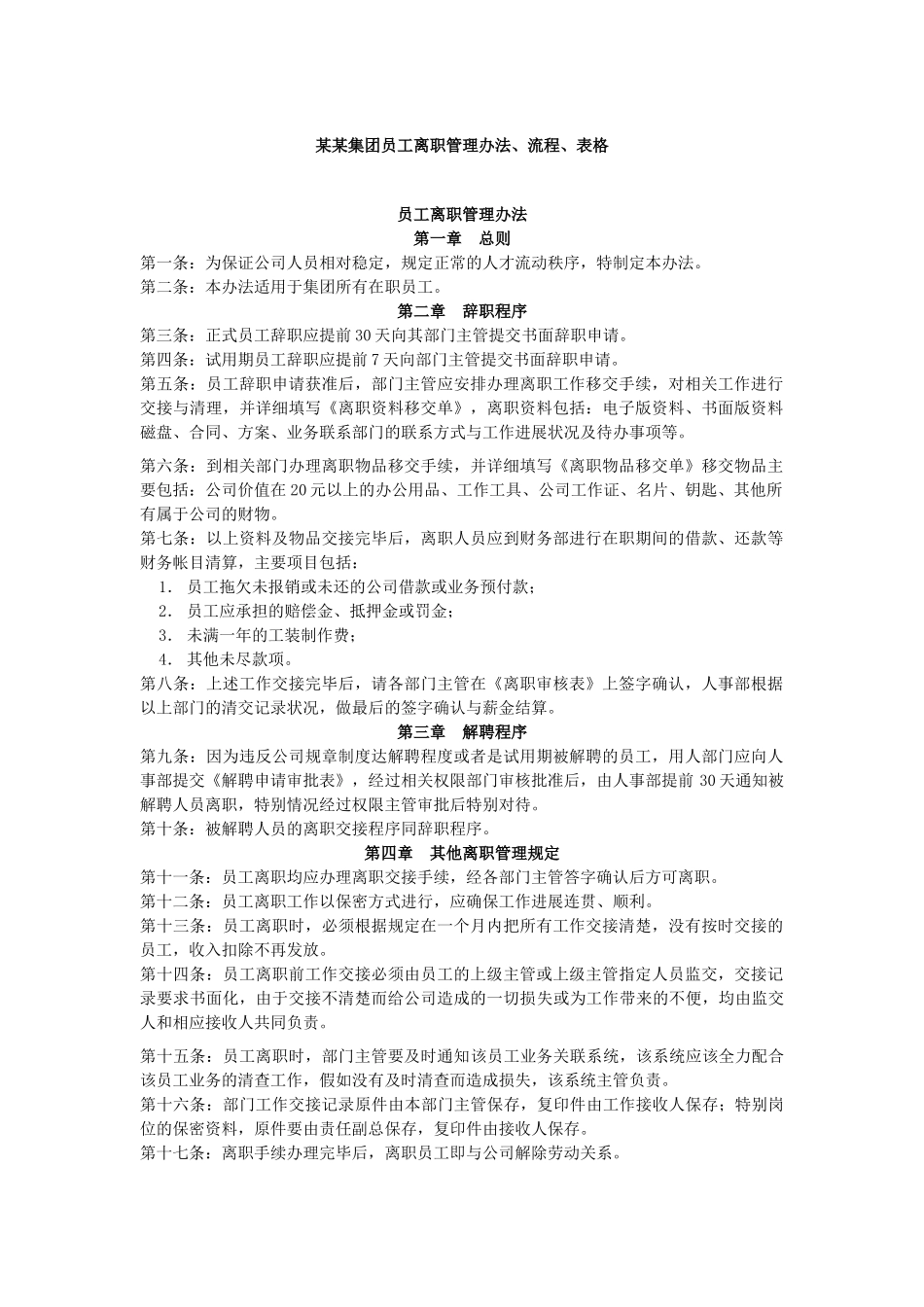 某某集团员工离职管理办法、流程、表格_第1页