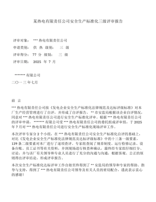 某热电有限责任公司安全生产标准化三级评审报告