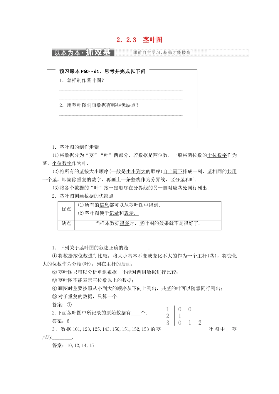 高中数学 第2章 统计 2.2 总体分布的估计 2.2.3 茎叶图教学案 苏教版必修3-苏教版高一必修3数学教学案_第1页