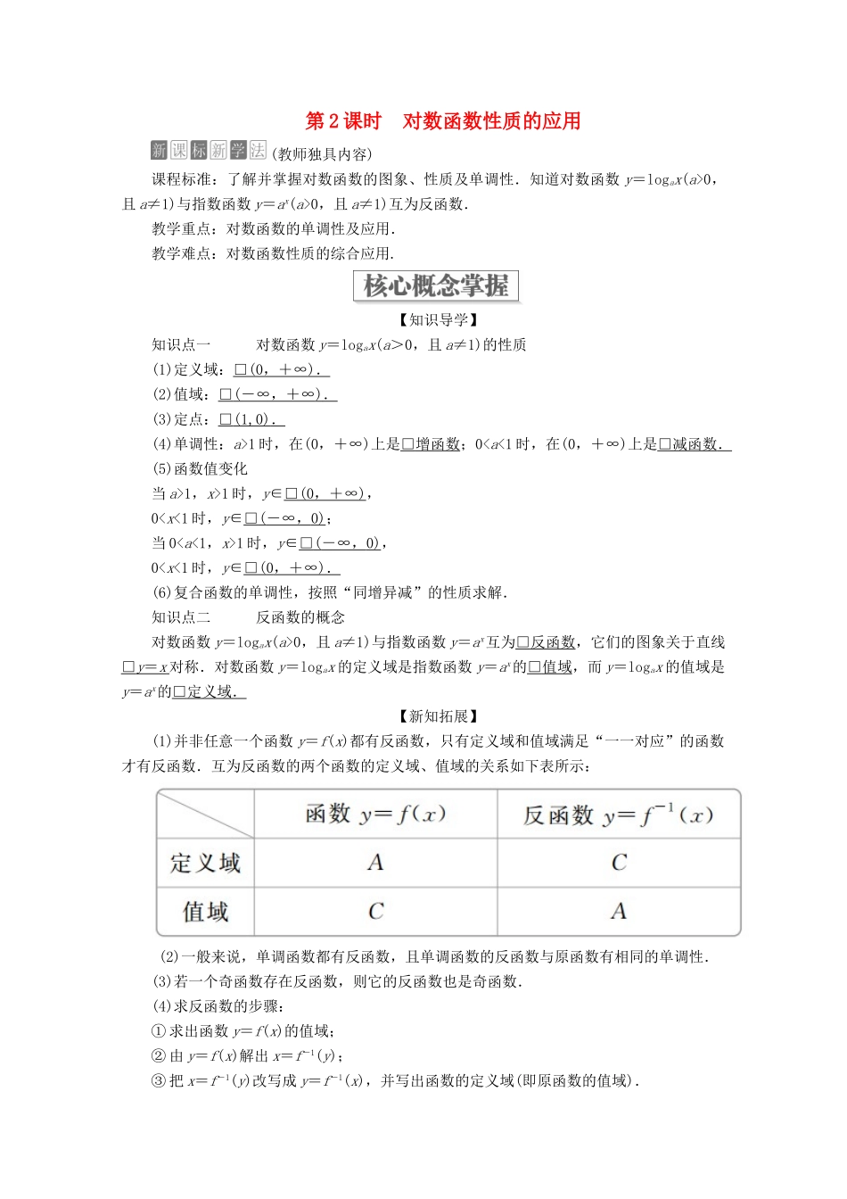 高中数学 第4章 指数函数与对数函数 4.4 对数函数 4.4.2 对数函数的图象和性质 第2课时 对数函数性质的应用教学案 新人教A版必修第一册-新人教A版高一第一册数学教学案_第1页