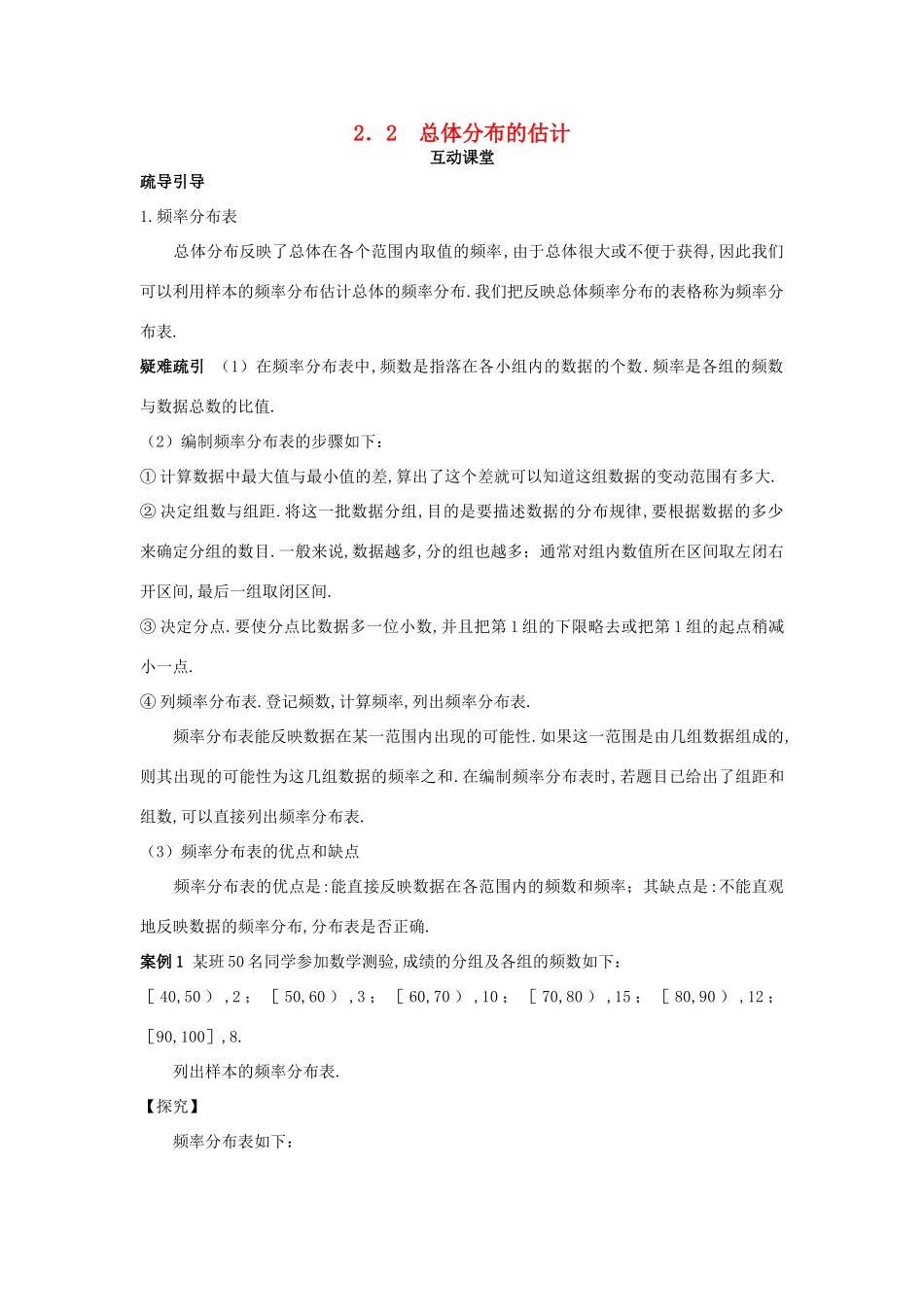 高中数学 第2章 统计 2.2 总体分布的估计互动课堂学案 苏教版必修3-苏教版高一必修3数学学案_第1页