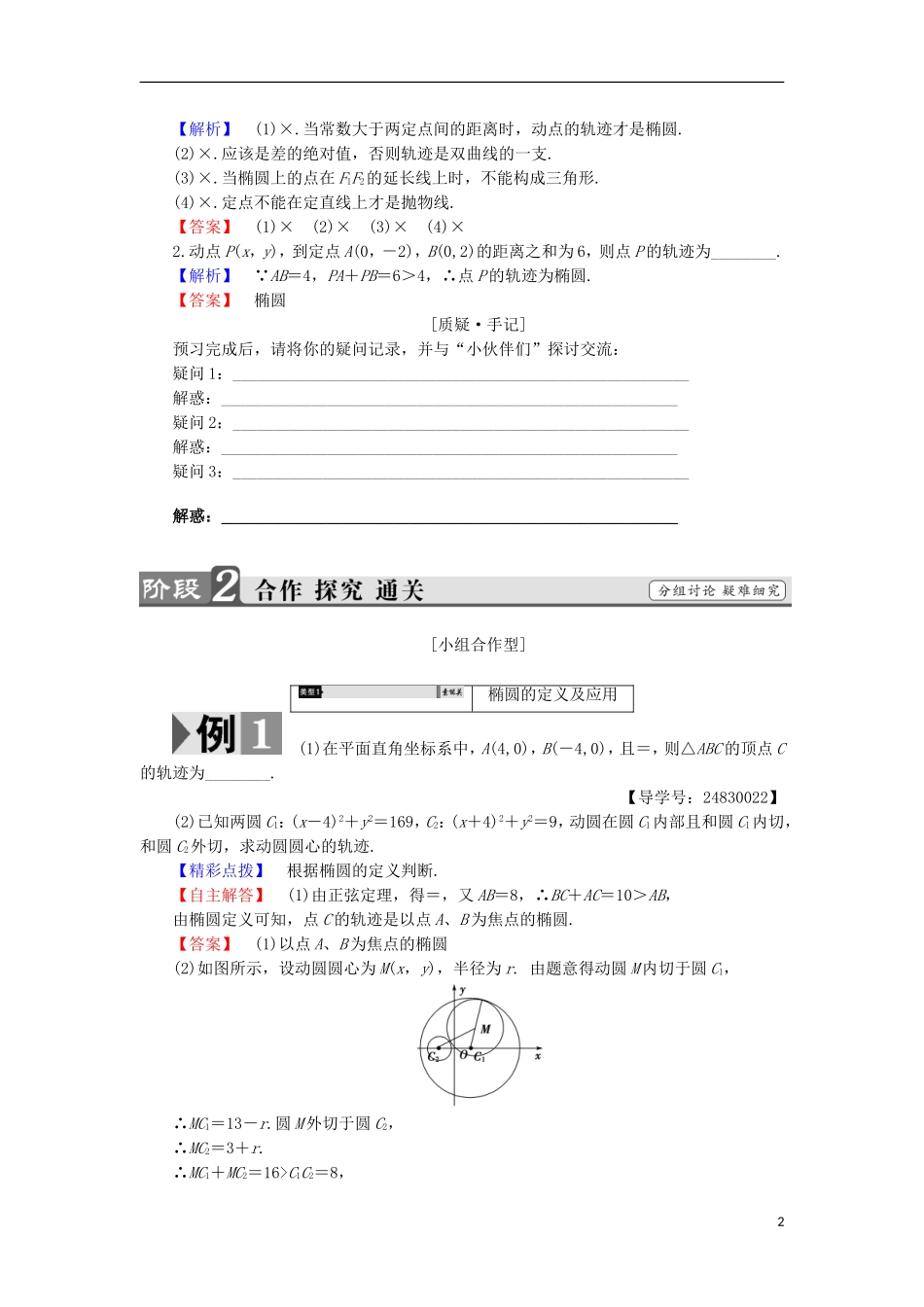 高中数学 第2章 圆锥曲线与方程 1 圆锥曲线学案 苏教版选修1-1-苏教版高中选修1-1数学学案_第2页