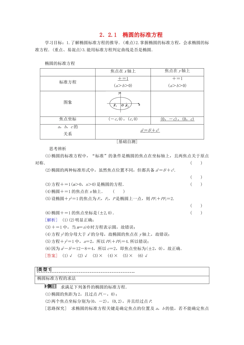 高中数学 第2章 圆锥曲线与方程 2.2 椭圆 2.2.1 椭圆的标准方程学案 苏教版选修2-1-苏教版高二选修2-1数学学案_第1页
