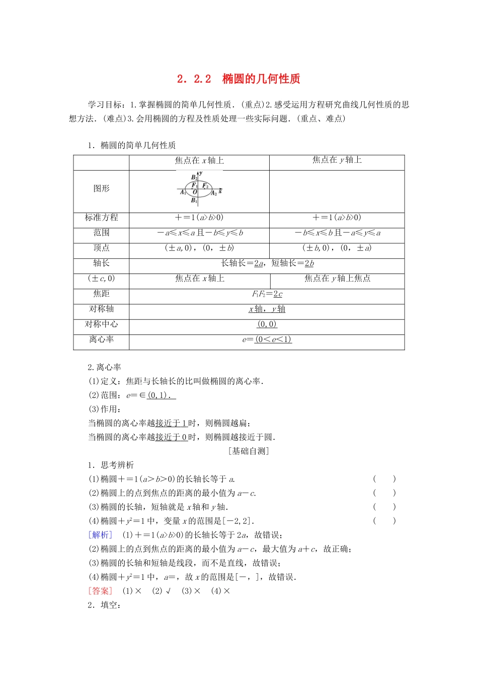 高中数学 第2章 圆锥曲线与方程 2.2 椭圆 2.2.2 椭圆的几何性质学案 苏教版选修2-1-苏教版高二选修2-1数学学案_第1页