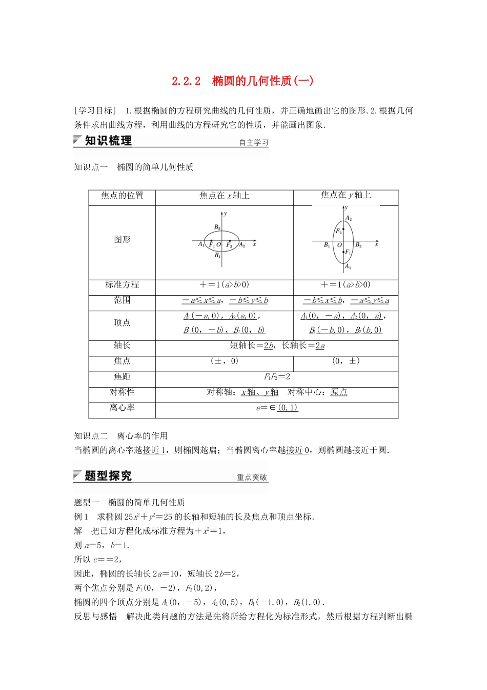 高中数学 第2章 圆锥曲线与方程 2.2.2 椭圆的几何性质（一）学案 苏教版选修2-1-苏教版高二选修2-1数学学案_第1页