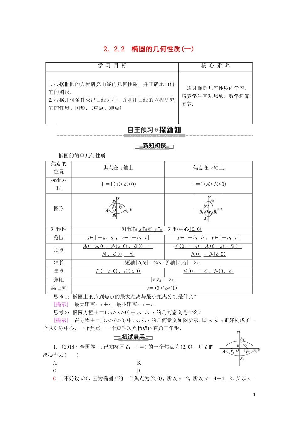 高中数学 第2章 圆锥曲线与方程 2.2.2 椭圆的几何性质（一）学案 新人教B版选修2-1-新人教B版高二选修2-1数学学案_第1页
