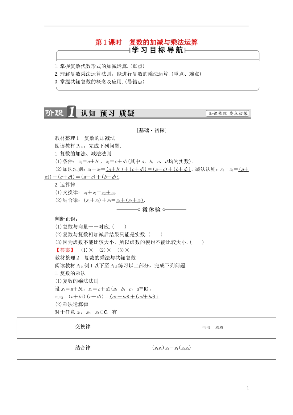 高中数学 第3章 数系的扩充与复数的引入 3.2 第1课时 复数的加减与乘法运算学案 苏教版选修2-2-苏教版高中选修2-2数学学案_第1页