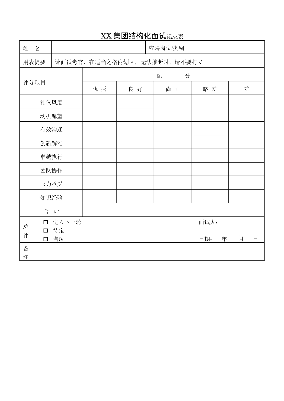 校园招聘结构化面试记录表_第1页