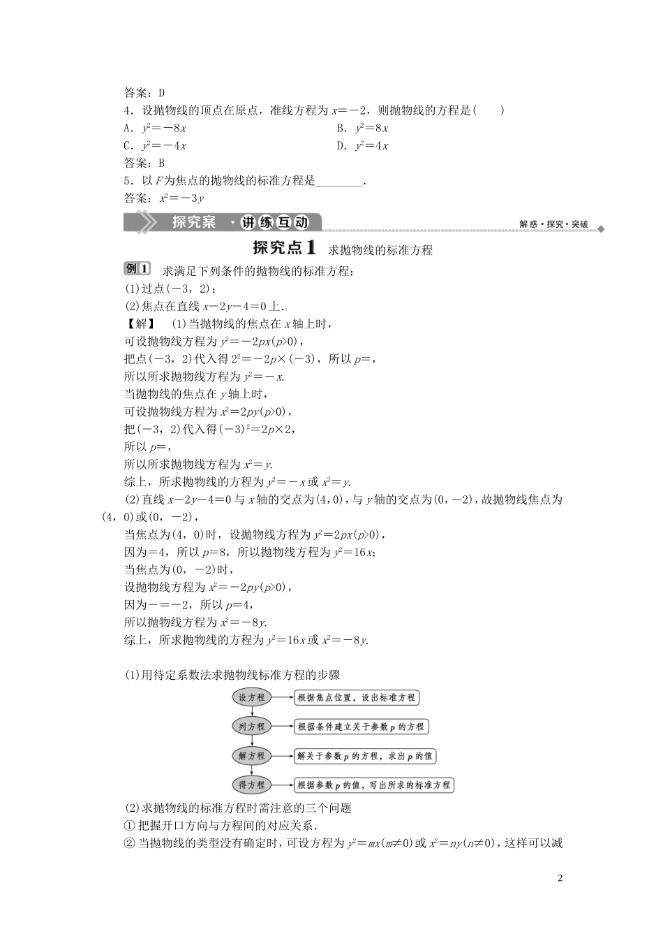 高中数学 第2章 圆锥曲线与方程 2.4 抛物线 2.4.1 抛物线的标准方程学案 新人教B版选修2-1-新人教B版高二选修2-1数学学案_第2页