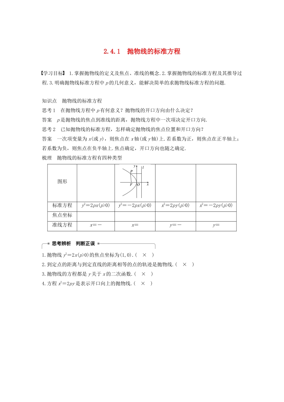 高中数学 第2章 圆锥曲线与方程 2.4.1 抛物线的标准方程学案 苏教版选修1-1-苏教版高二选修1-1数学学案_第1页