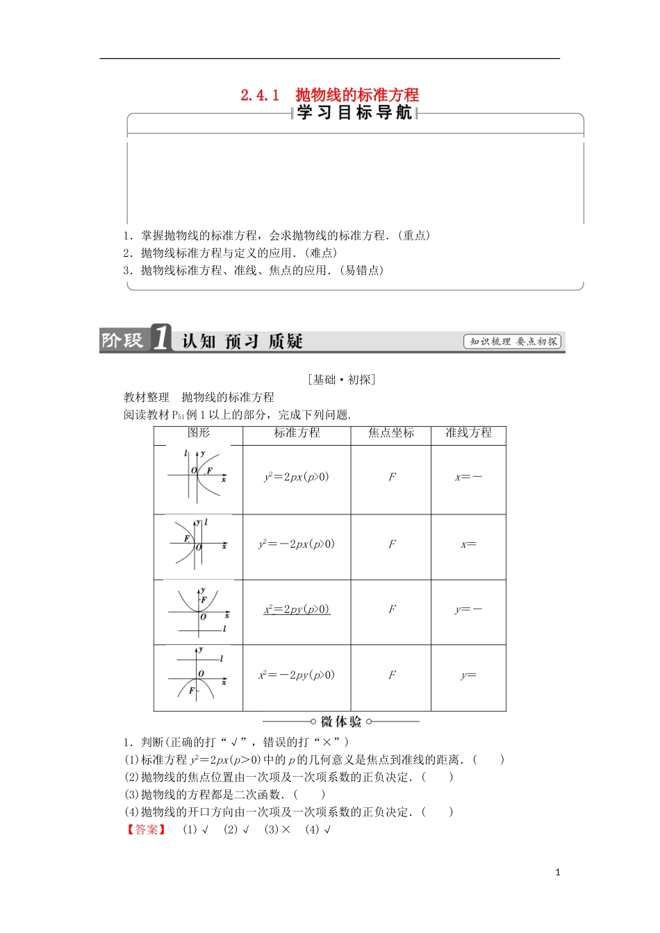 高中数学 第2章 圆锥曲线与方程 2.4.1 抛物线的标准方程学案 苏教版选修2-1-苏教版高中选修2-1数学学案_第1页