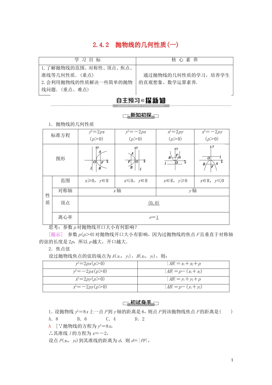 高中数学 第2章 圆锥曲线与方程 2.4.2 抛物线的几何性质（一）学案 新人教B版选修2-1-新人教B版高二选修2-1数学学案_第1页