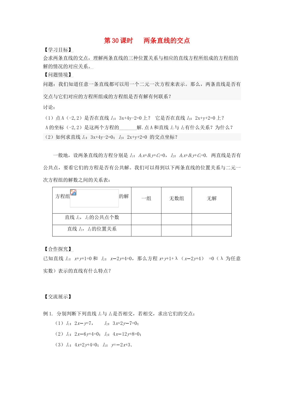 高中数学 第30课时 两条直线的交点导学案 苏教版必修2-苏教版高一必修2数学学案_第1页