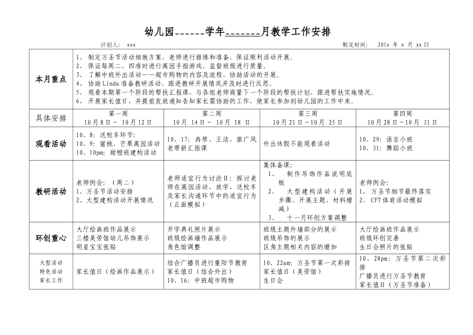 案例2：幼儿园月教学工作安排_第1页