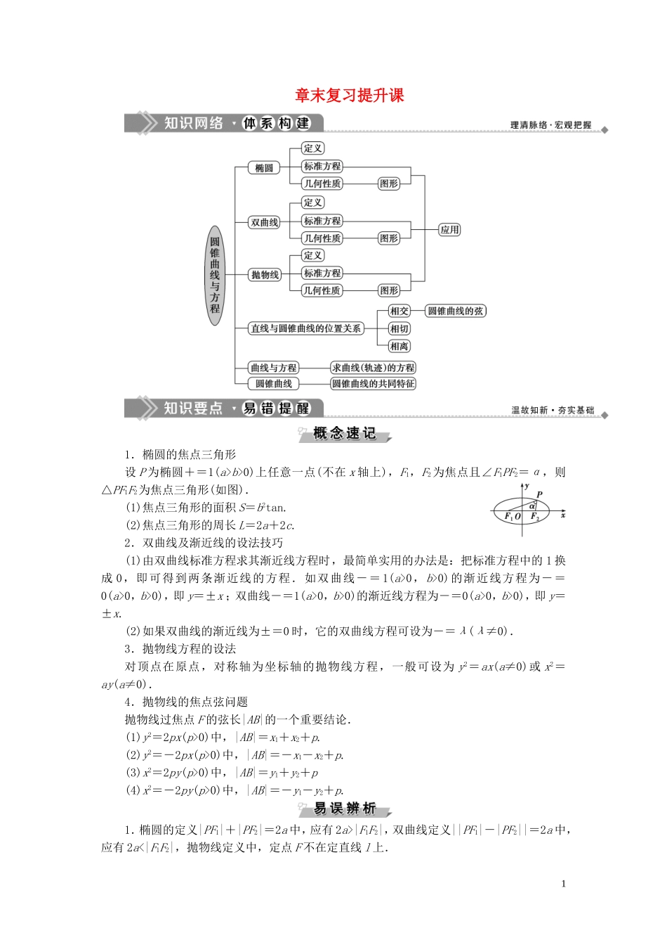 高中数学 第2章 圆锥曲线与方程章末复习提升课学案 湘教版选修2-1-湘教版高二选修2-1数学学案_第1页