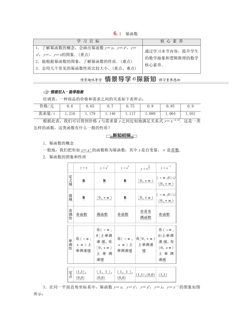 高中数学 第6章 幂函数、指数函数和对数函数 6.1 幂函数教学案（含解析）苏教版必修第一册-苏教版高一第一册数学教学案_第1页