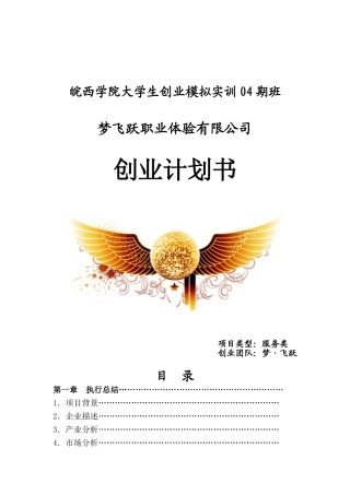 梦飞跃职业体验实习项目创业团队创业计划书