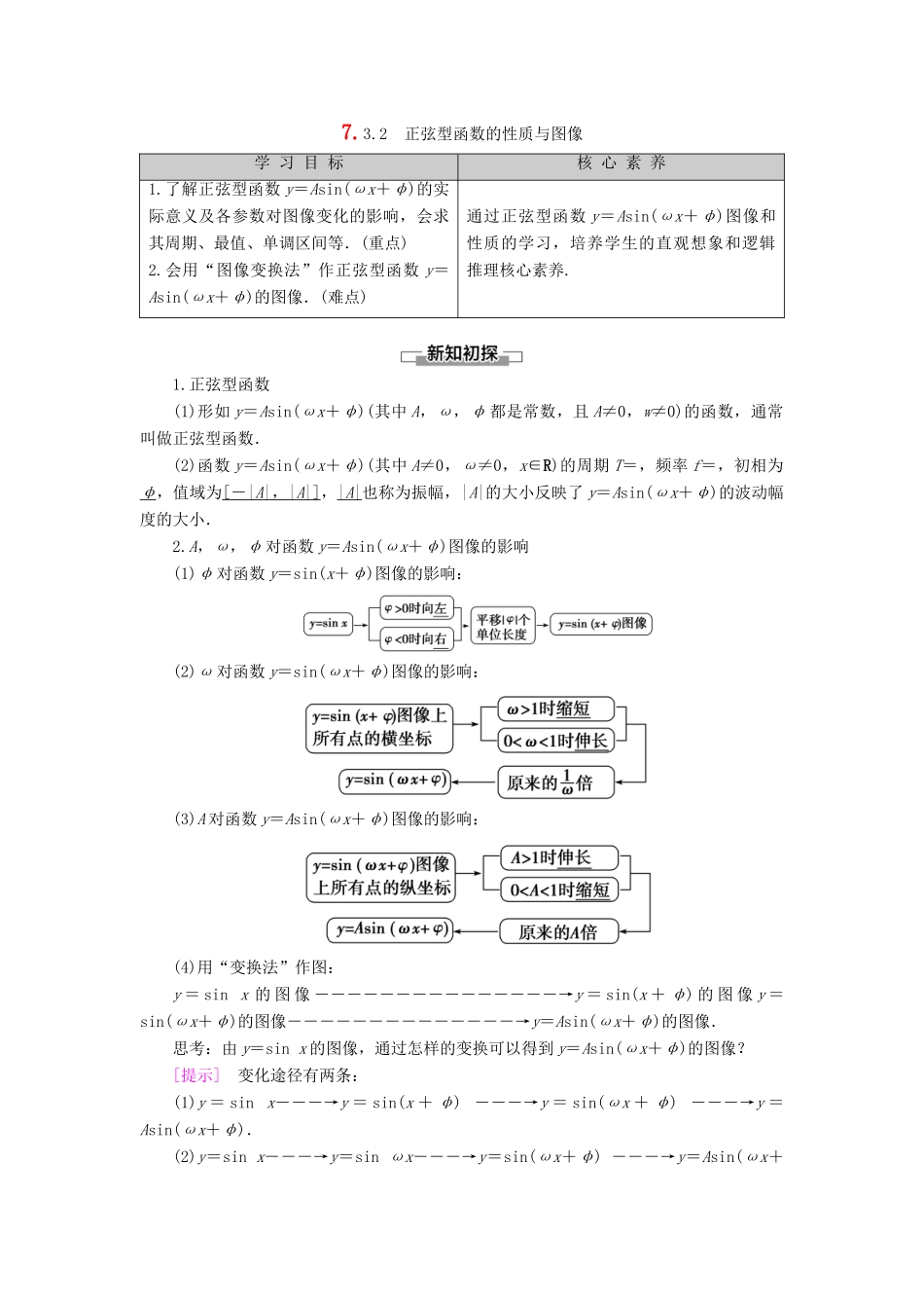 高中数学 第7章 三角函数 7.3 三角函数的性质与图像 7.3.2 正弦型函数的性质与图像学案 新人教B版第三册-新人教B版高一第三册数学学案_第1页