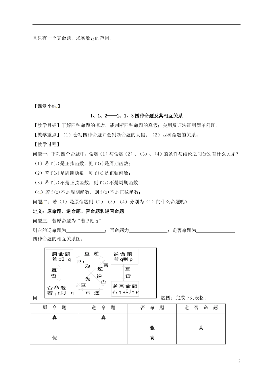 高中数学 第一章 常用逻辑用语 1.1 命题及其关系学案（无答案）新人教A版选修2-1-新人教A版高二选修2-1数学学案_第2页