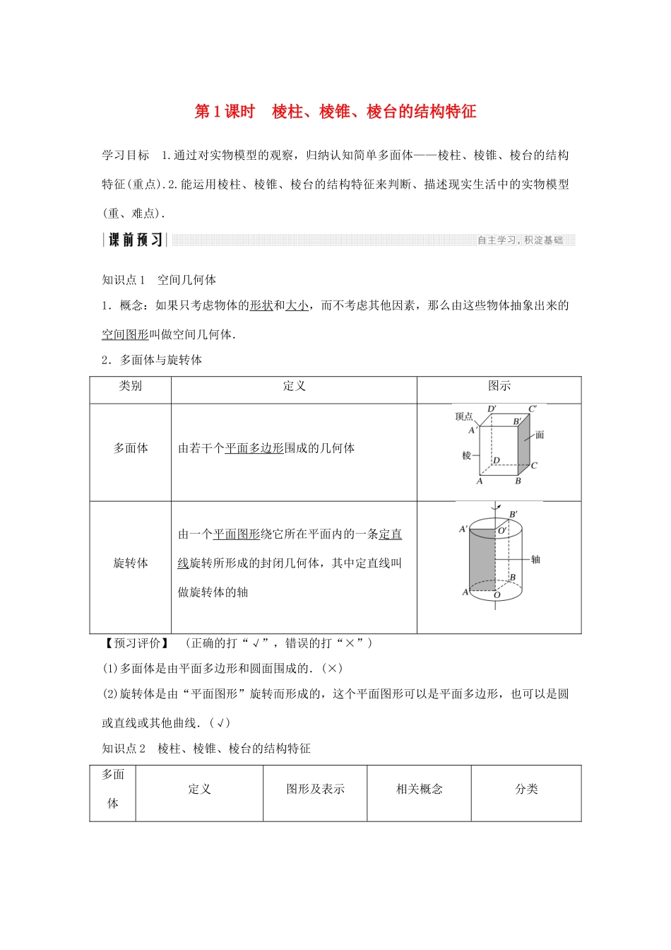 高中数学 第一章 空间几何体 1.1 空间几何体的结构 第1课时 棱柱、棱锥、棱台的结构特征学案 新人教A版必修2-新人教A版高一必修2数学学案_第1页