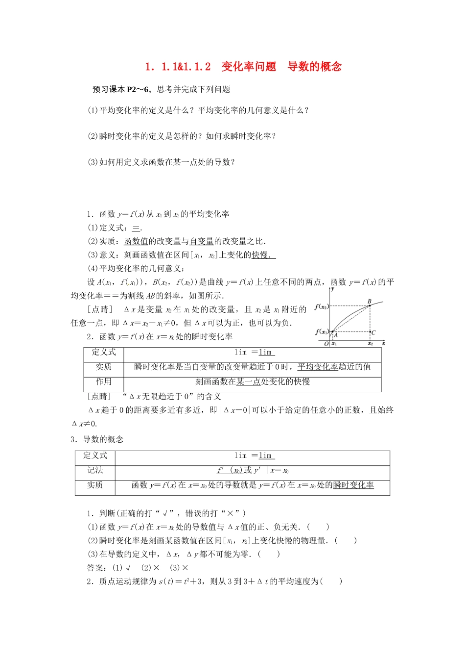 高中数学 第一章 导数及其应用 1.1 变化率与导数 1.1.1-1.1.2 变化率问题 导数的概念教学案 新人教A版选修2-2-新人教A版高二选修2-2数学教学案_第1页