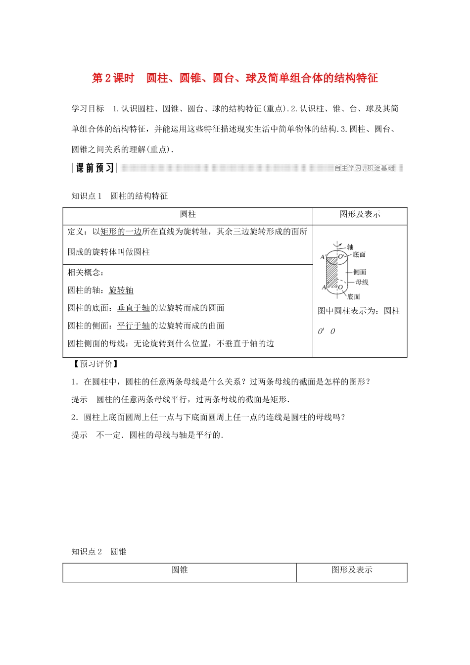 高中数学 第一章 空间几何体 1.1 空间几何体的结构 第2课时 圆柱、圆锥、圆台、球及简单组合体的结构特征学案 新人教A版必修2-新人教A版高一必修2数学学案_第1页