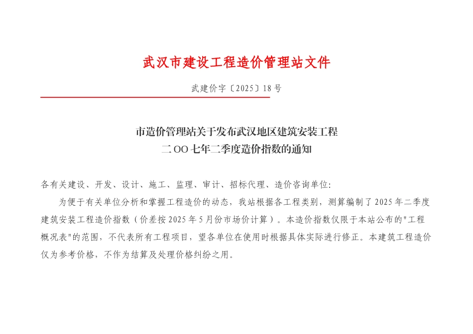 武汉2007年第二期造价指数表_第1页