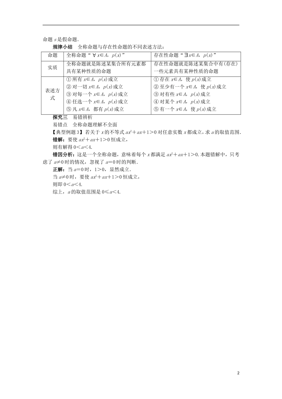 高中数学 第一章 常用逻辑用语 1.1 命题与量词课堂探究学案 新人教B版选修2-1-新人教B版高二选修2-1数学学案_第2页