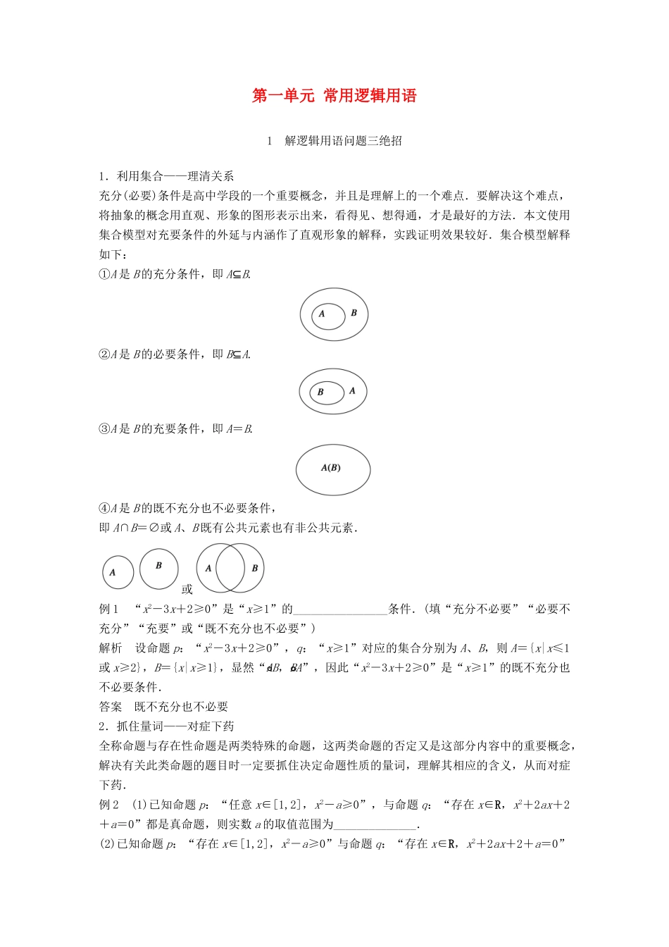高中数学 第一单元 常用逻辑用语疑难规律方法教学案 新人教B版选修1-1-新人教B版高二选修1-1数学教学案_第1页