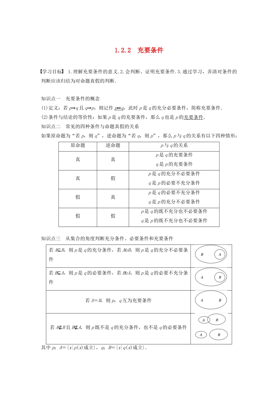 高中数学 第一章 常用逻辑用语 1.2 充分条件与必要条件 1.2.2 充要条件学案（含解析）新人教A版选修1-1-新人教A版高二选修1-1数学学案_第1页