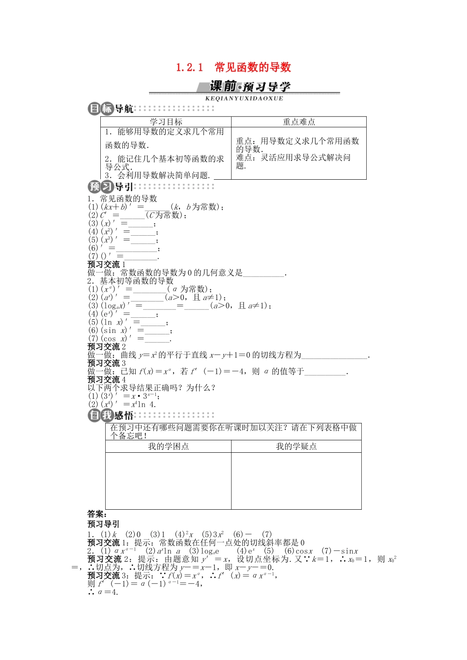高中数学 第一章 导数及其应用 1.2.1 常见函数的导数学案 苏教版选修2-2-苏教版高二选修2-2数学学案_第1页