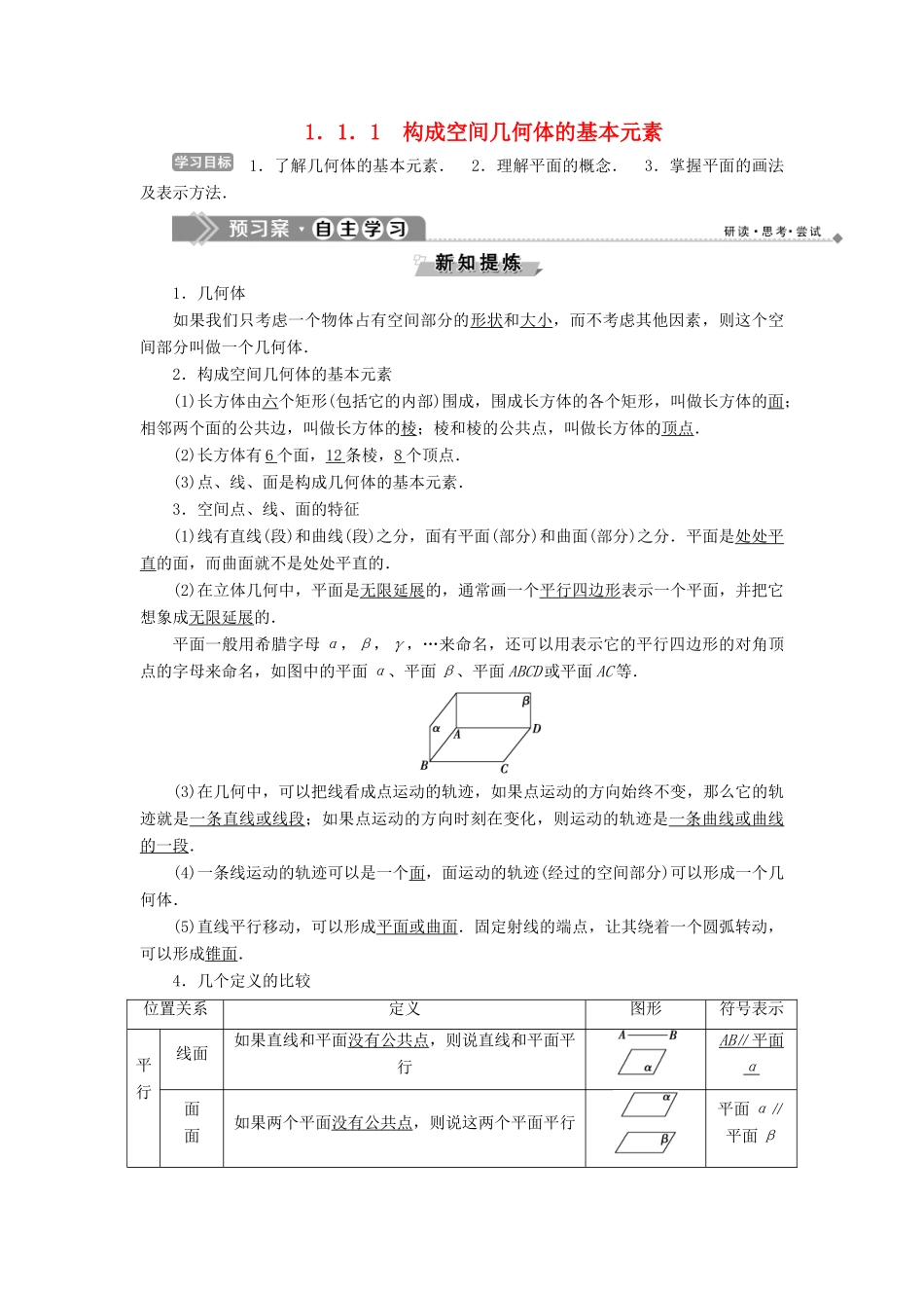 高中数学 第一章 立体几何初步 1.1.1 构成空间几何体的基本元素学案 新人教B版必修2-新人教B版高一必修2数学学案_第1页