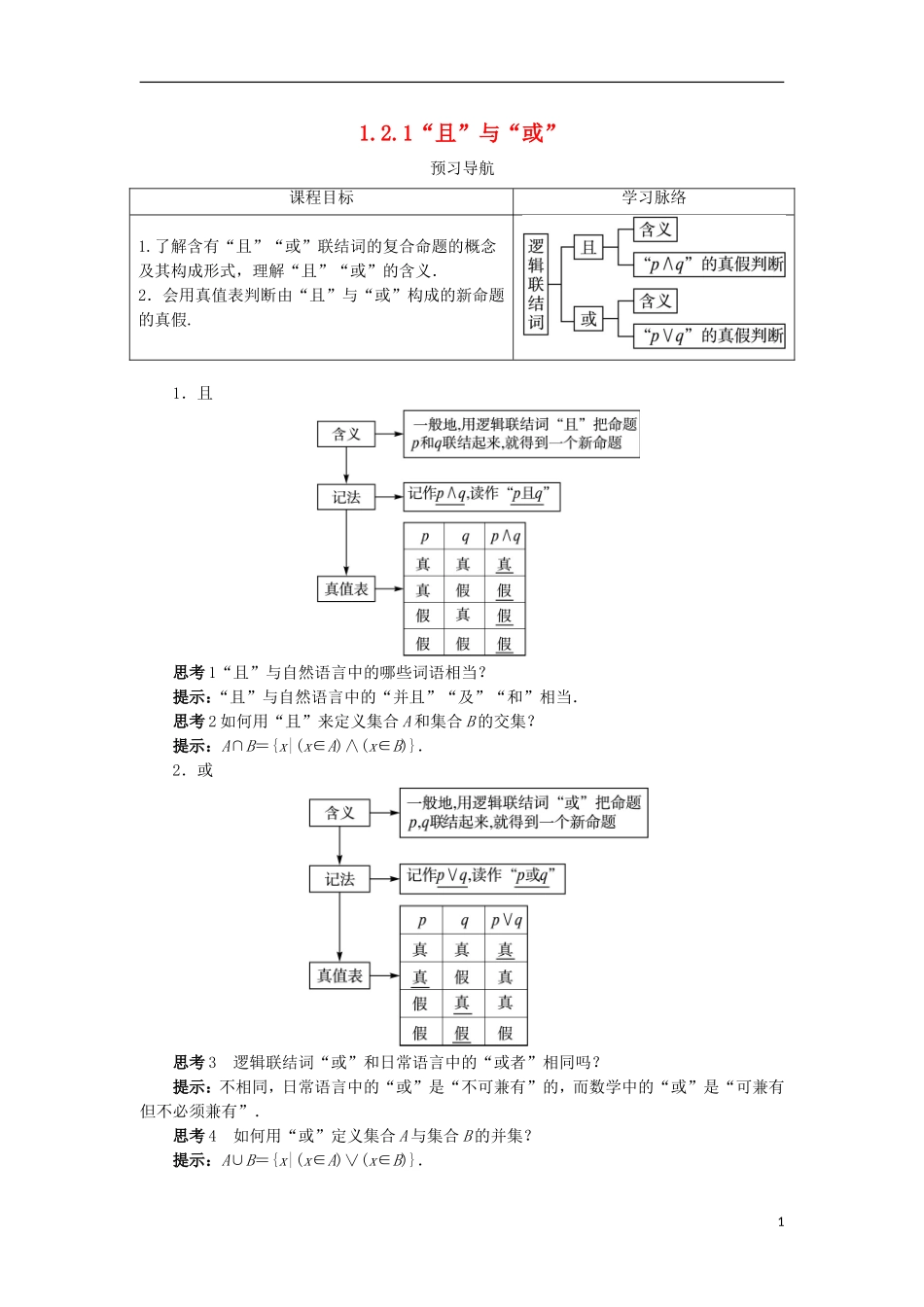 高中数学 第一章 常用逻辑用语 1.2 基本逻辑联结词 1.2.1“且”与“或”预习导航学案 新人教B版选修2-1-新人教B版高二选修2-1数学学案_第1页