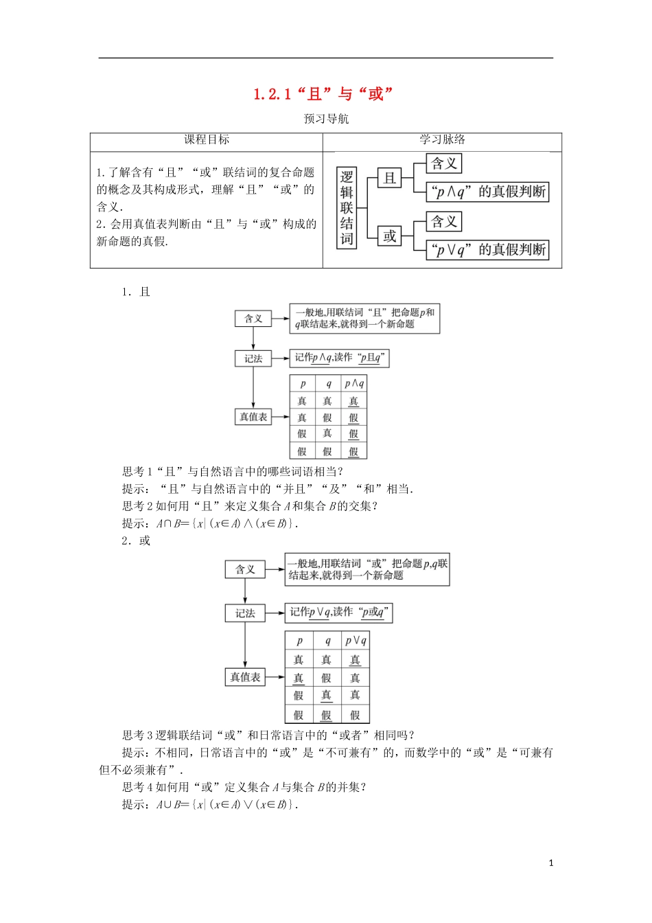 高中数学 第一章 常用逻辑用语 1.2 基本逻辑联结词 1.2.1“且”与“或”预习导学案 新人教B版选修1-1-新人教B版高二选修1-1数学学案_第1页
