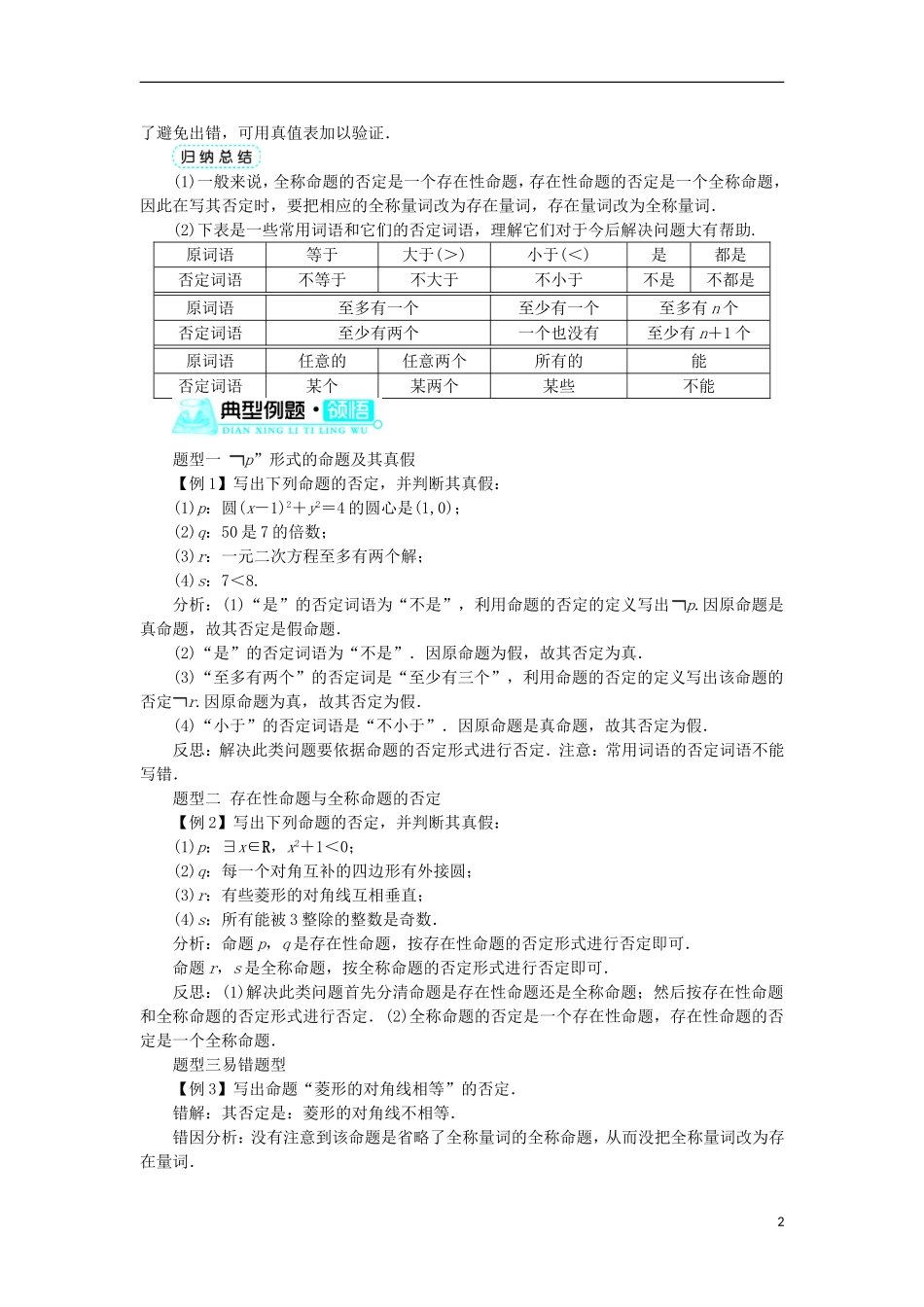 高中数学 第一章 常用逻辑用语 1.2 基本逻辑联结词 1.2.2“非”（否定）学案 新人教B版选修1-1-新人教B版高二选修1-1数学学案_第2页