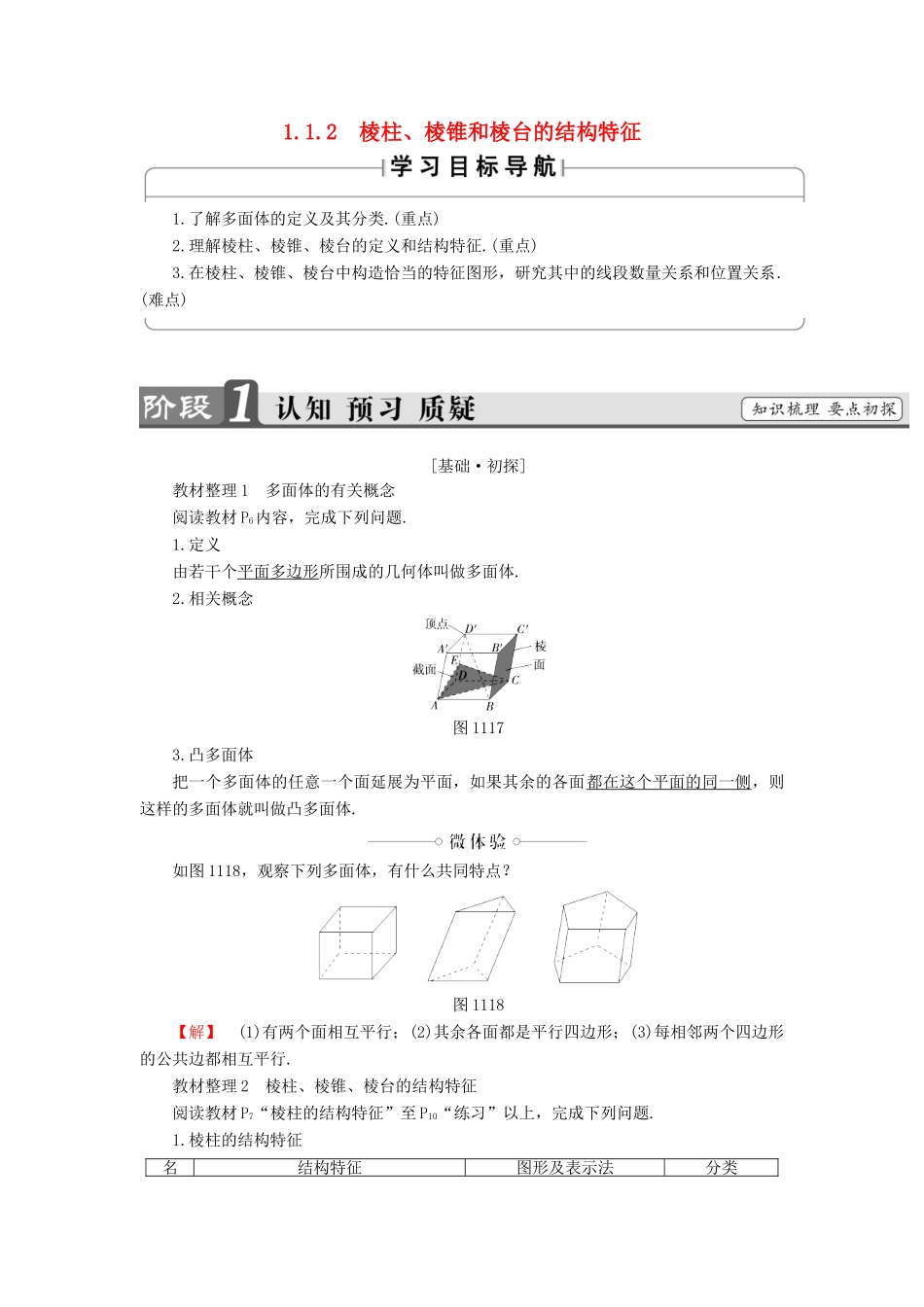 高中数学 第一章 立体几何初步 1.1.2 棱柱、棱锥和棱台的结构特征学案（含解析）新人教B版必修2-新人教B版高一必修2数学学案_第1页
