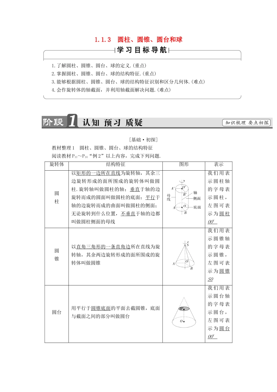 高中数学 第一章 立体几何初步 1.1.3 圆柱、圆锥、圆台和球学案（含解析）新人教B版必修2-新人教B版高一必修2数学学案_第1页