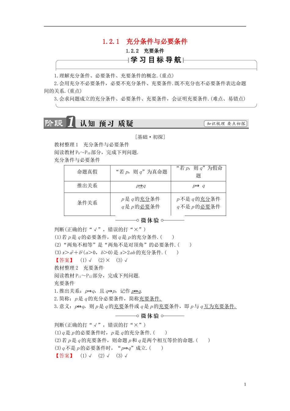 高中数学 第一章 常用逻辑用语 1.2.1 充分条件与必要条件1.2.2 充要条件学案 新人教A版选修1-1-新人教A版高二选修1-1数学学案_第1页