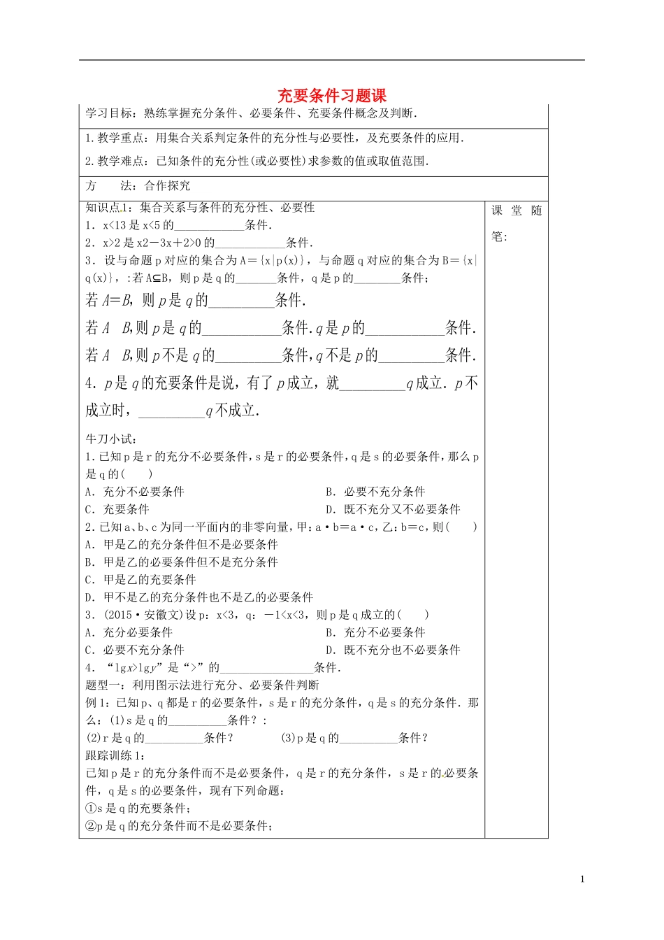 高中数学 第一章 常用逻辑用语 1.2.2 充要条件习题导学案 新人教A版选修1-1-新人教A版高二选修1-1数学学案_第1页