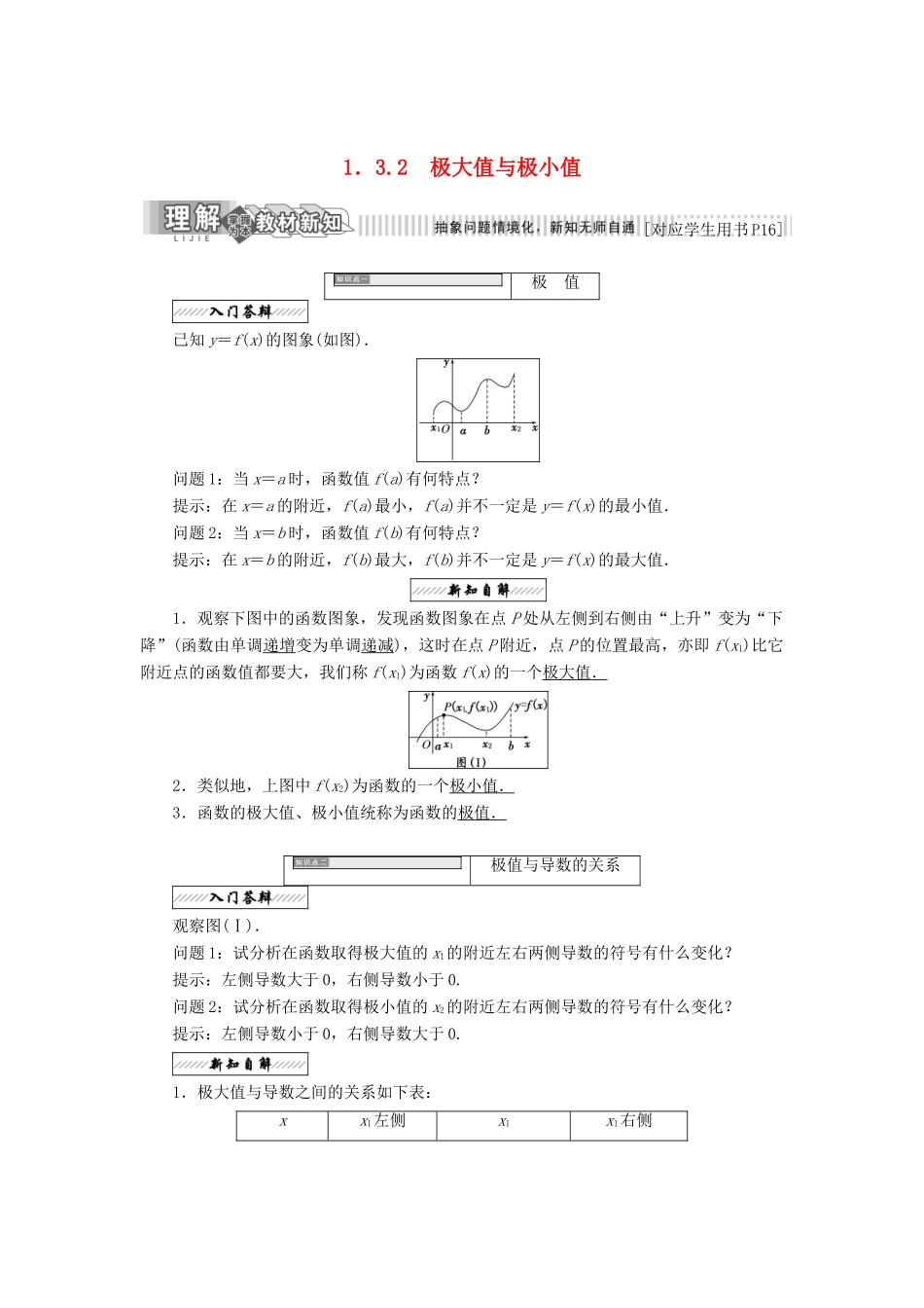 高中数学 第一章 导数及其应用 1.3 导数在研究函数中的作用 1.3.2 极大值与极小值教学案 苏教版选修2-2-苏教版高二选修2-2数学教学案_第1页