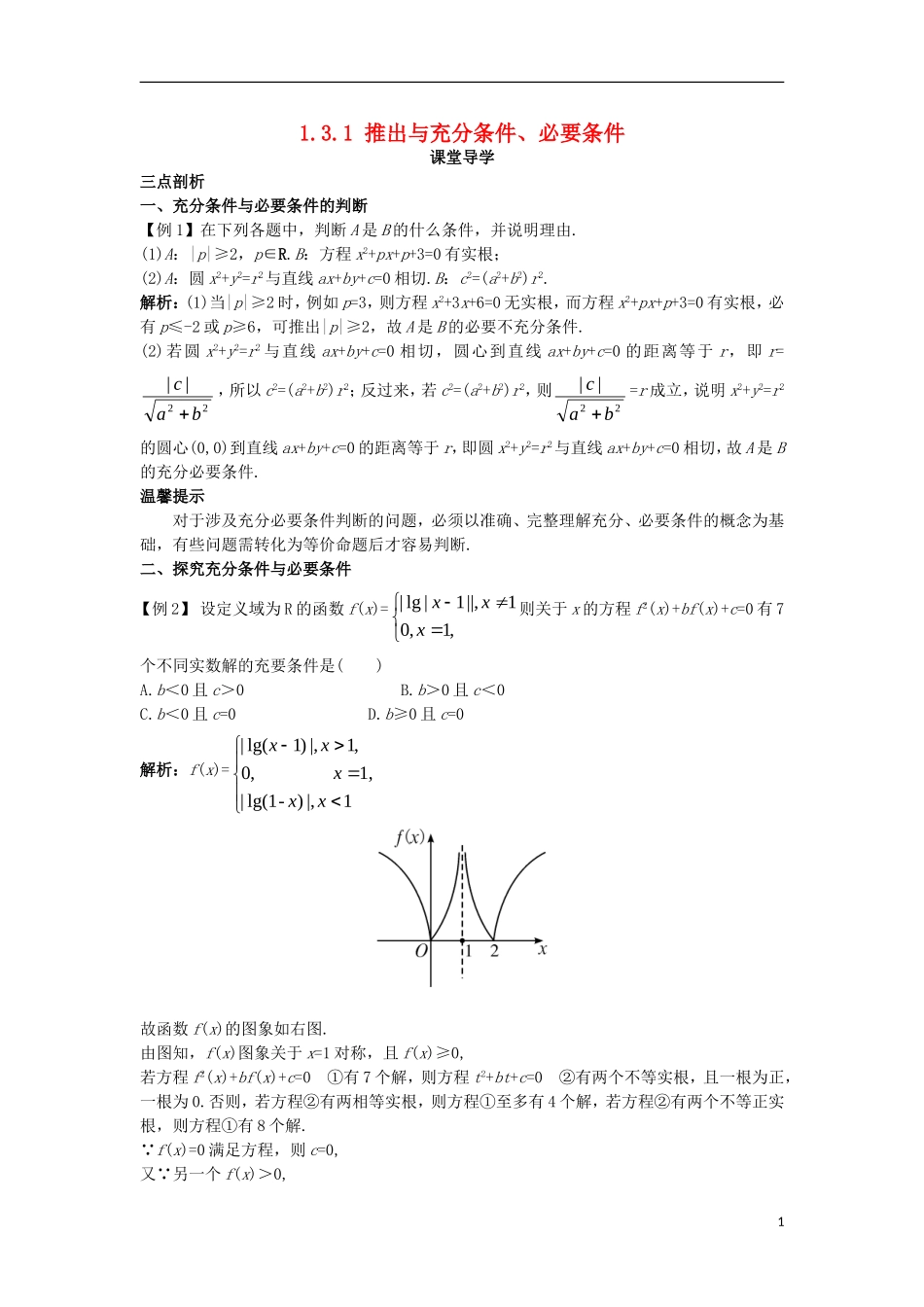 高中数学 第一章 常用逻辑用语 1.3 充分条件、必要条件与命题的四种形式 1.3.1 推出与充分条件、必要条件课堂导学案 新人教B版选修1-1-新人教B版高二选修1-1数学学案_第1页