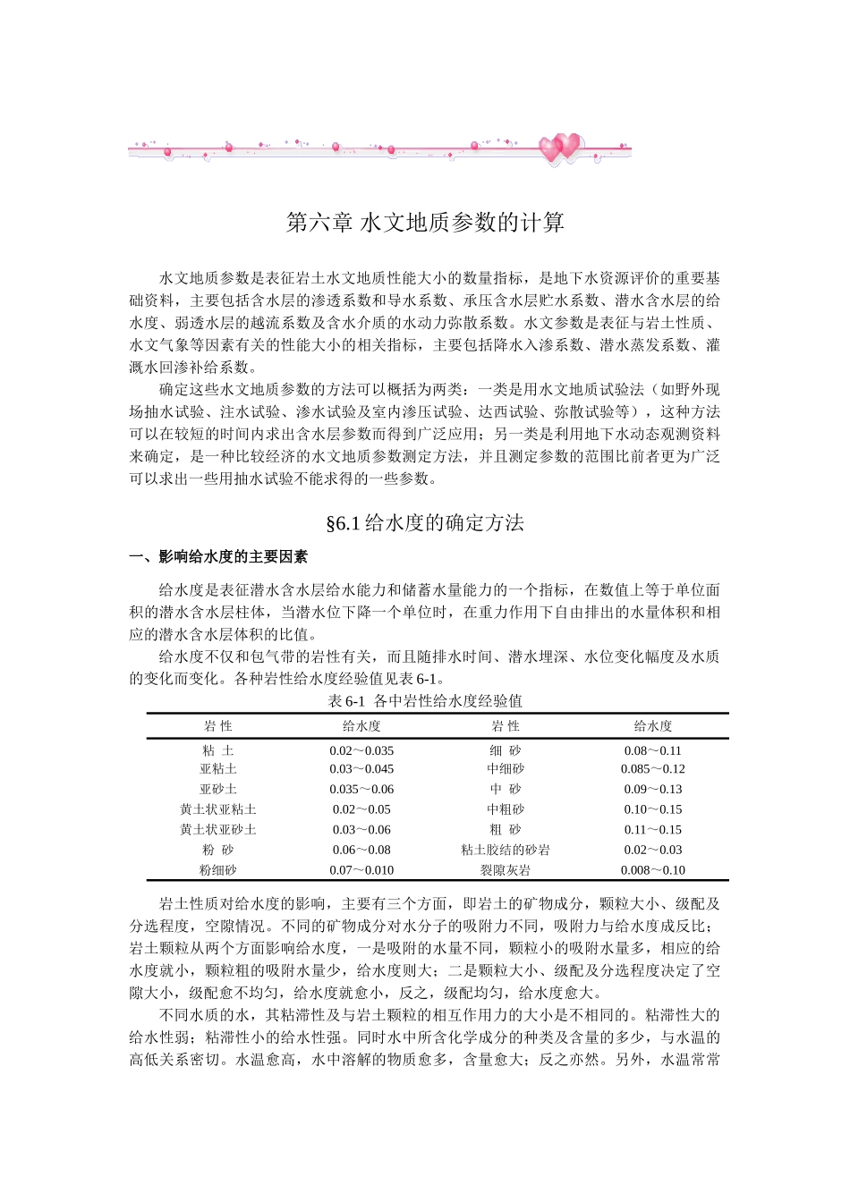 水文地质参数的计算-给水度的确定方法_第1页