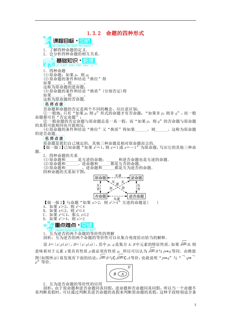 高中数学 第一章 常用逻辑用语 1.3 充分条件、必要条件与命题的四种形式 1.3.2 命题的四种形式学案 新人教B版选修2-1-新人教B版高二选修2-1数学学案_第1页