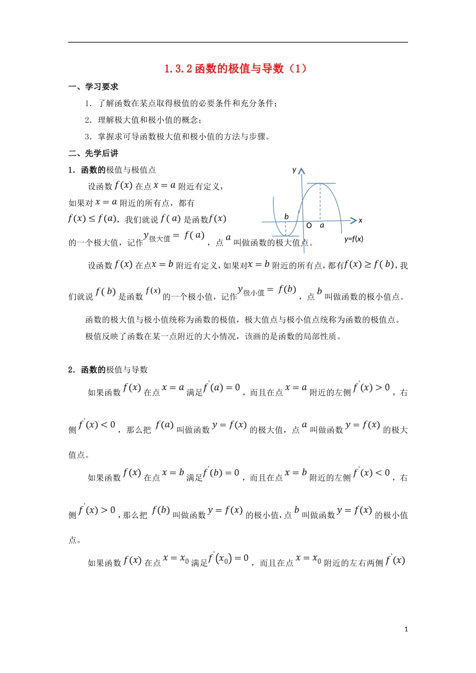 高中数学 第一章 导数及其应用 1.3.2 函数的极值与导数（1）学案 新人教A版选修2-2-新人教A版高二选修2-2数学学案_第1页