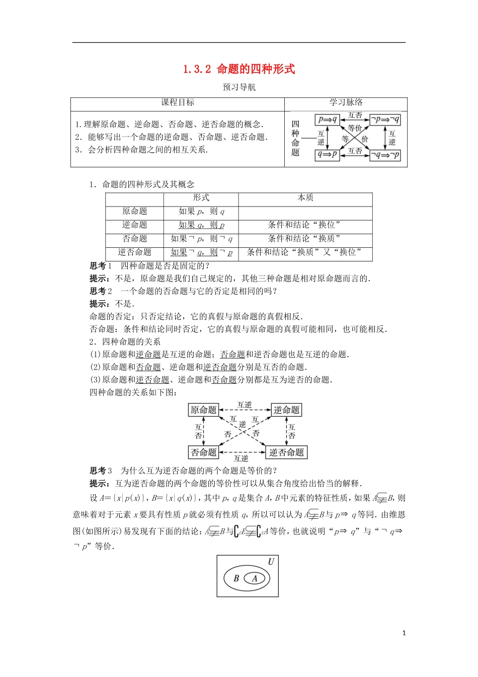 高中数学 第一章 常用逻辑用语 1.3 充分条件、必要条件与命题的四种形式 1.3.2 命题的四种形式预习导航学案 新人教B版选修2-1-新人教B版高二选修2-1数学学案_第1页